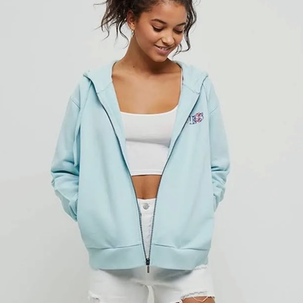 Guess Originals Light Mint Blue Embroidered Logo Zip Up Hoodie